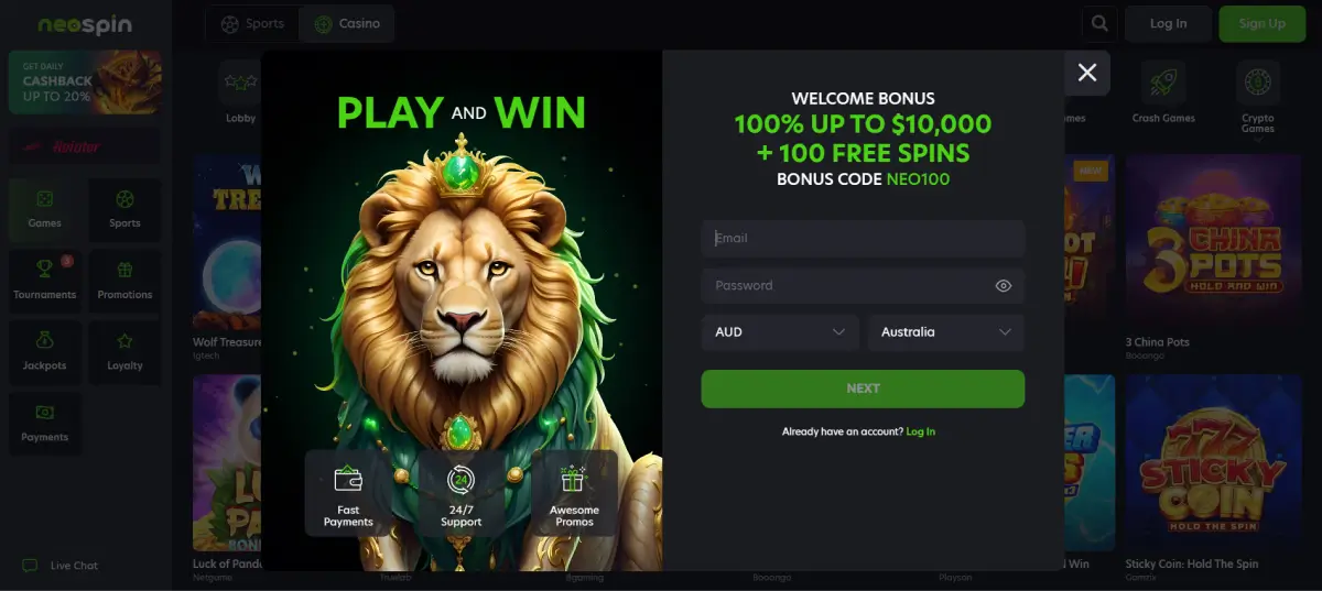 Registering and logging in to Neospin Neospin