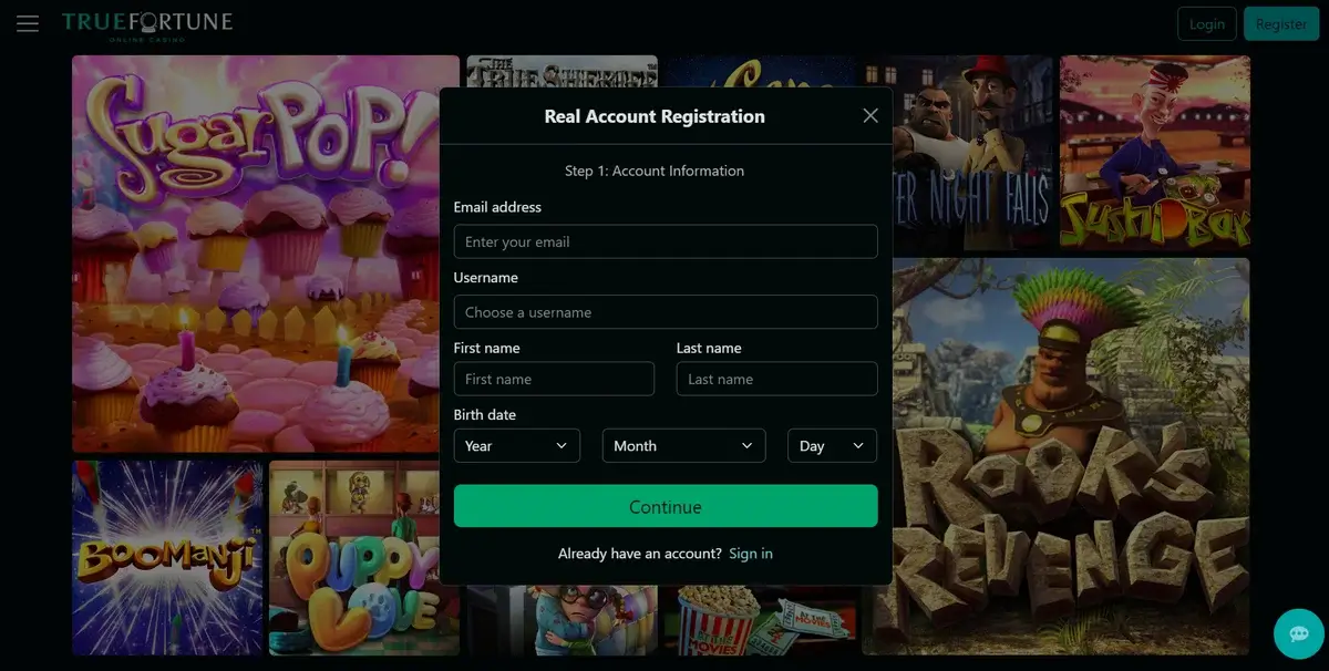 Easy registration and login at True Fortune casino Registration and login at True Fortune casino